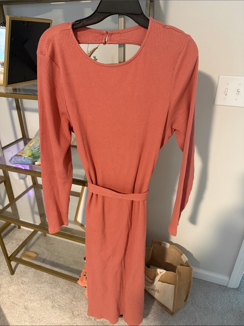 Who What Wear Ribbed Long-Sleeve Belted Midi Dress - Coral
